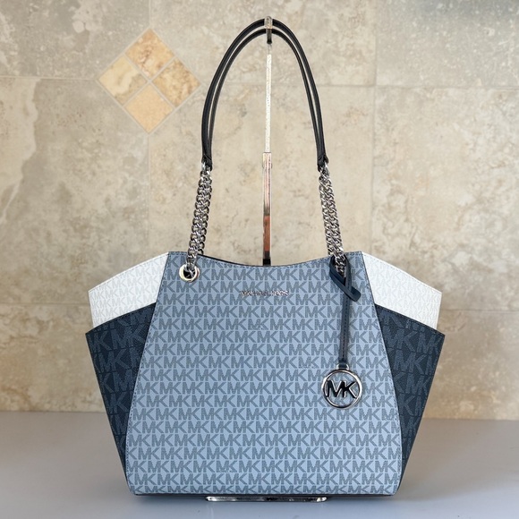 Michael Kors Jet Set Travel LG Shoulder Chain Tote Bag MK Blue Multi